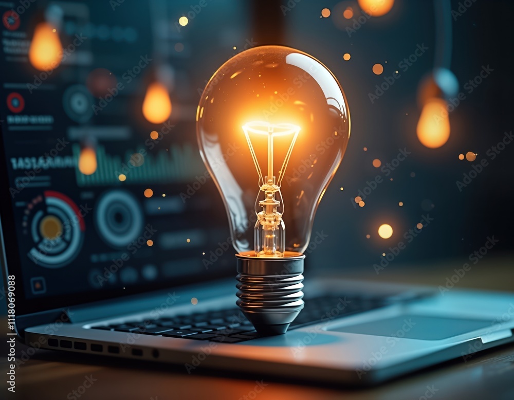 Leinwandbilder modern tech innovation concept. glowing lightbulb rests on laptop keyboard. creative ideas emerge. i