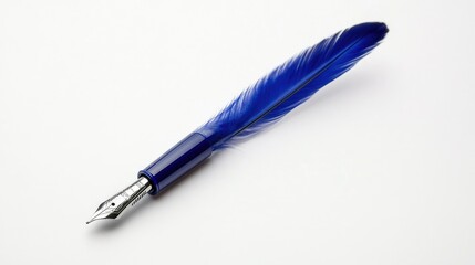 Minimalistic scene of a blue feather ink pen placed at a subtle angle on a crisp white background