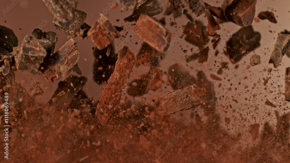 Poster super slow motion of flying chocolate chunks up in the air. isolated on brown background. camera mov