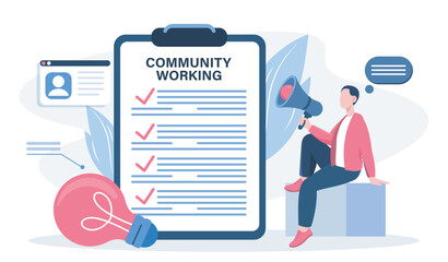 Community working concept. Man with loudspeaker near clipboard. Corporate business strategy. Company growth and development. Flat vector illustration