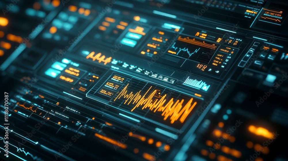 Poster futuristic tech interface digital dashboard data analytics orange neon glow