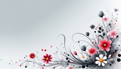 Ein elegantes Design mit weißen und roten Blumen, umgeben von abstrakten grauen und schwarzen Ornamenten auf grauem Hintergrund. Perfekt als Mockup für Einladungskarten oder Grußkarten. Generative KI.