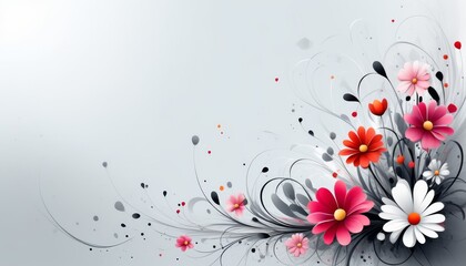 Elegantes Design mit weißen, roten und rosa Blumen, ergänzt durch geschwungene graue und schwarze Ornamente auf grauem Hintergrund. Perfekt als Mockup für Einladungskarten,  Grußkarten. Generative KI