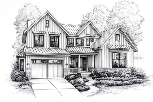 Modern beautiful house. Cottage design skech. 3D illustration
