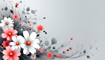 Elegantes Design mit weißen und rosa Blumen, akzentuiert durch rote Details und geschwungene graue Ornamente auf grauem Hintergrund. Perfekt als Mockup für Einladungskarten. Generative KI