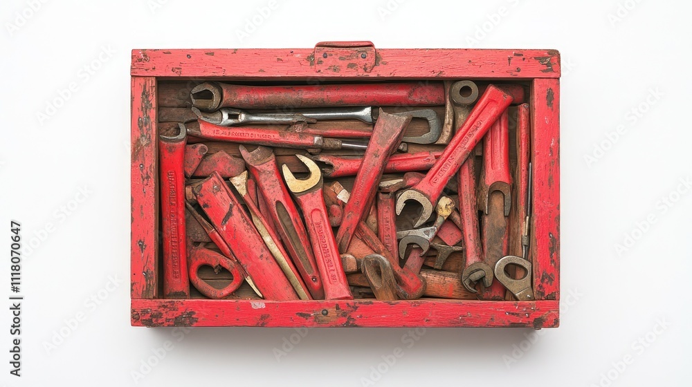 Poster red wooden toolbox filled with tools like hammers and wrenches, centered on white background