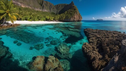 Obraz premium Remote Island with Towering Cliffs, Turquoise Lagoons, and Coral Reefs