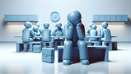 3D Melancholic Breakroom concept as Employees sitting alone in a breakroom showing signs of melancholy and low spirits on Blue Monday perfect for magazine advertisement with copy space. as 3D Icon iso