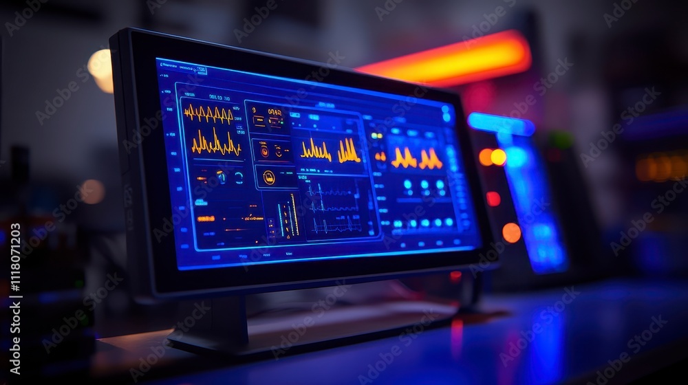 Poster futuristic tech dashboard display data analytics monitoring and digital interface