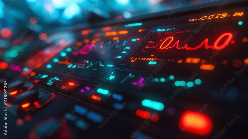 Poster futuristic technology control panel interface with neon lights and data graphs