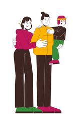 Modern chinese family in winter outerwear 2D cartoon characters. Bonding relationships. Asian mother, father, son hugs isolated people flat vector on white background. Spot illustration colorful