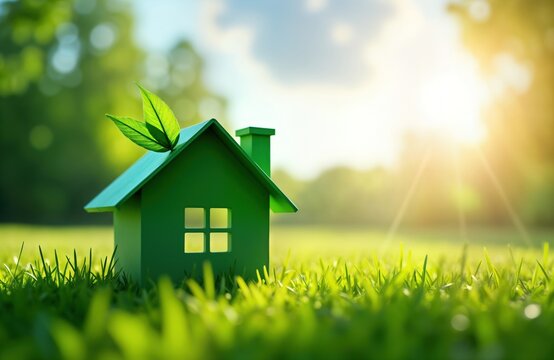 Green eco-friendly house icon sits on vibrant green lawn. Sunlight shines brightly. Concept for sustainable housing solutions, eco-conscious construction. Natural resources, renewable energy key