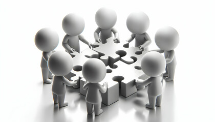 3D Monochrome team silhouettes solving puzzle isolated on white background concept as Monochrome team silhouettes solving a puzzle representing unity and collective effort in team building puzzle solv