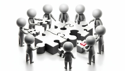 3D Monochrome team silhouettes solving puzzle isolated on white background concept as Monochrome team silhouettes solving a puzzle representing unity and collective effort in team building puzzle solv