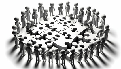 Naklejka premium 3D Monochrome team silhouettes solving puzzle isolated on white background concept as Monochrome team silhouettes solving a puzzle representing unity and collective effort in team building puzzle solv