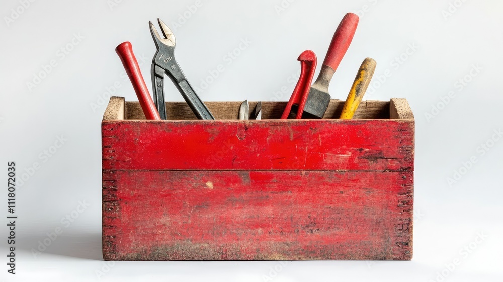 Poster single wooden toolbox painted red with tools visible inside, against a plain white background