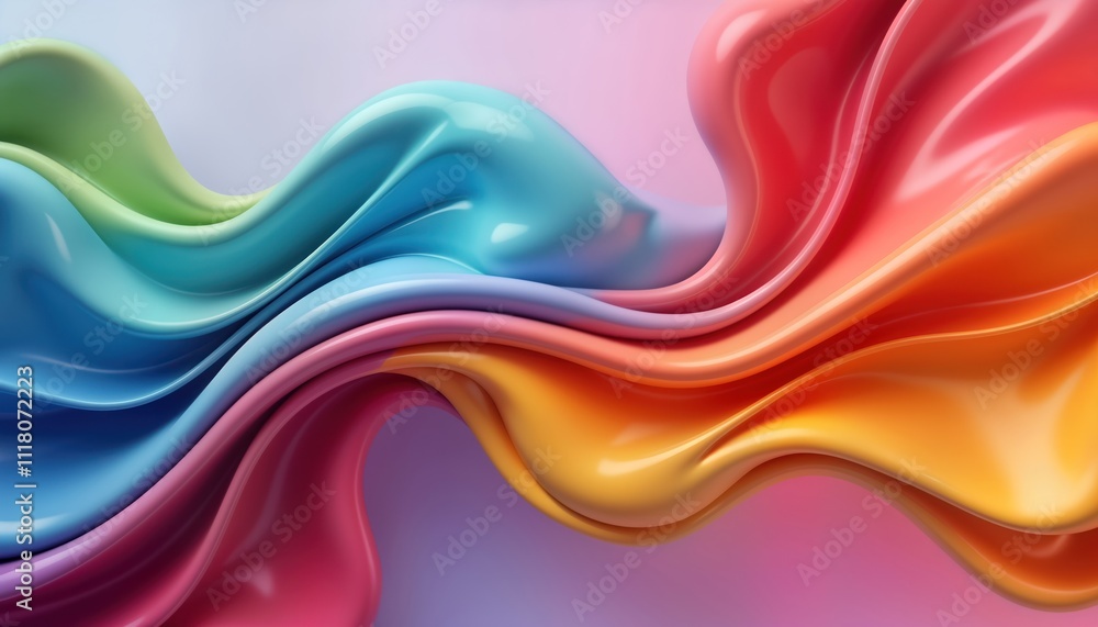 Aufkleber Abstract 3d design with flowing liquid shapes in vibrant colours. Smooth curves, soft gradients create dynamic visual elements. Modern design concept. Playful colours in waves form. Multicoloured