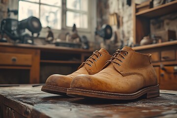 A pair of exquisitely handcrafted brown leather shoes rests on a rustic wooden table in a vintage shoemaker's workshop. - Powered by Adobe