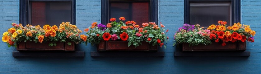 Fototapeta premium A row of flower boxes on a window, adding beauty to the urban street