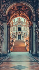 Obraz premium A grand staircase framed by ornate arches and intricate sculptures in a historical building.