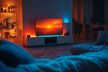 A cozy living room illuminated by the warm glow of a TV at night