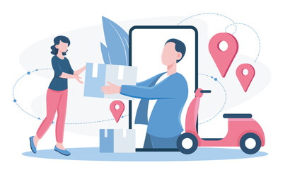 Online delivery concept. Man gives woman package through smartphone screen. Online shopping and home delivery. Logistics and transportation, shipping. Flat vector illustration