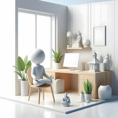 3D Person meditating in a serene home office copy space on left concept as A serene individual meditating in a calm home office environment embodying relaxation and mindfulness with ample copy space o