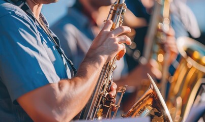 An elderly man plays a trumpet in a beach setting, surrounded by palm trees and a vibrant blue...