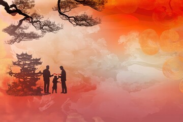 Fototapeta premium Lunar New Year Celebration Generative AI Cartoon Wealth Shopping Background Red Fortune Online