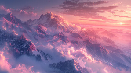 A panoramic view of a mountain range at sunrise, bathed in soft hues of pink and orange.