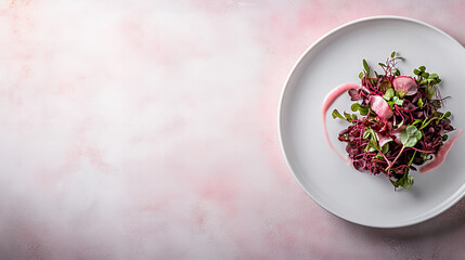 Minimalist presentation of vibrant salad on a white plate highlights culinary artistry with a touch of elegance