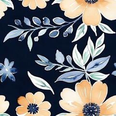 Navy Blue Watercolor Floral Pattern 