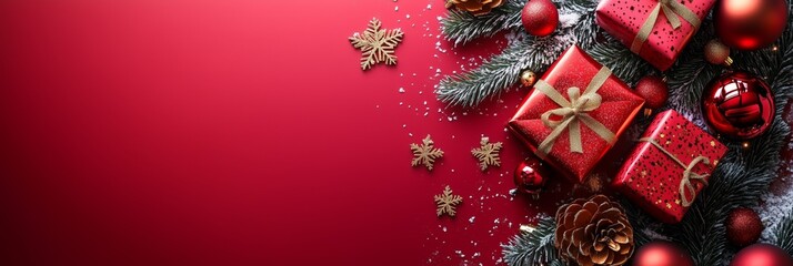 Christmas red banner with golden decoration and white plate on a marble table, template for food or restaurant advertising 