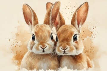 Obraz premium Two adorable rabbits with soft fur and expressive eyes, set against a warm background.