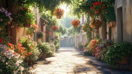 A street filled with hanging flower baskets, adding greenery to the concrete