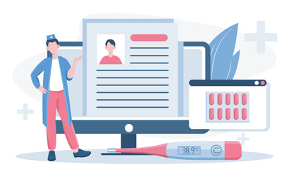 Online doctor woman. Young girl near computer with patient card. Thermometer and pills. Healthcare and medicine. Remote diagnosis and treatment. Flat vector illustration
