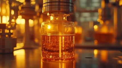 Amber Liquid in Glass Bottle Industrial Production Factory Setting