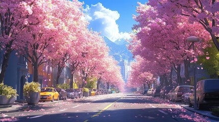 Obraz premium A street lined with cherry blossom trees, creating a colorful urban scene