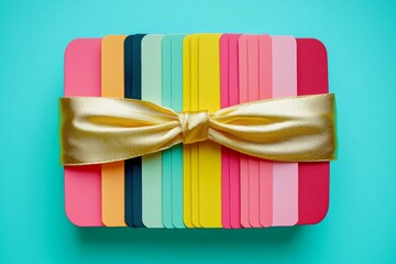 hyper realistic photo of  Top view colourful Shop gift cards in shape of present box with a bow of satin ribbon on bright turquoise background