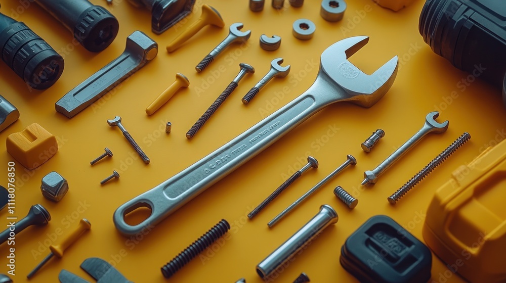 Aufkleber a collection of various tools arranged on a yellow background for practical use.