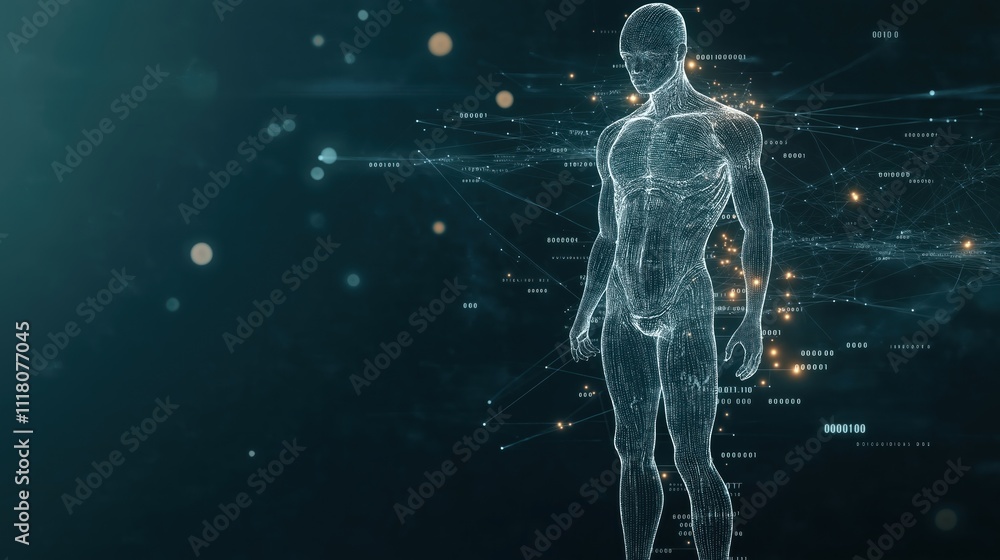 Poster futuristic tech illustration shows data flow processing. hologram of human body with network connect