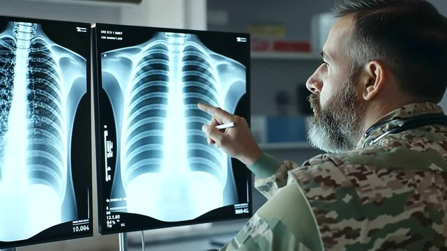 Army Doctor Examining X-ray of Injured Soldier in Medical Camp
