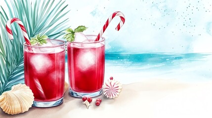 Refreshing summer cocktails with vibrant colors and tropical elements by the beach, perfect for relaxed vibes.