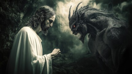 Confrontation between a serene figure and a dark entity in a mysterious setting at twilight