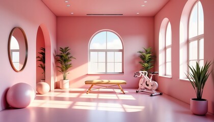 Pink gym room with studio light. Exercise bike, bench are in room. Plants, round mirrors add charming style. Outdoor light illuminates space. Ideal for fitness, health, home gym. Trendy, colorful.