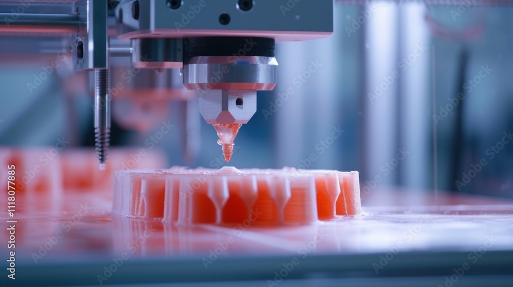 Poster automated industrial 3d printer creating a pink prototype layer by layer with additive manufacturing