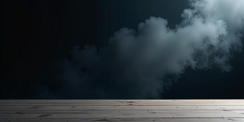 This is an empty wooden table with a black background and a spotlight. It can be used to display or montage your products.
