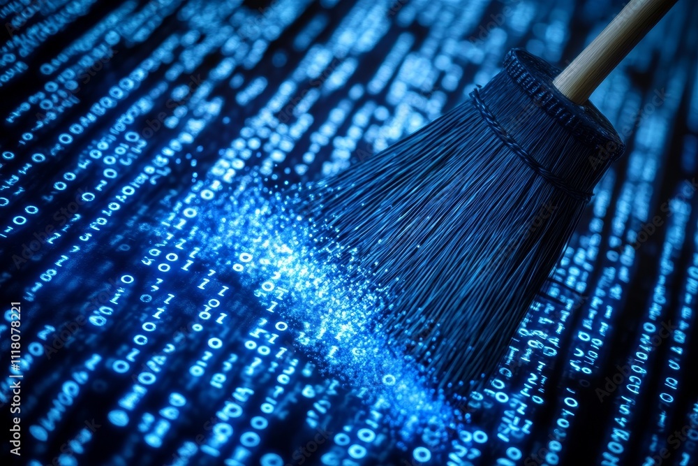 Aufkleber a broom sweeping away glowing blue binary code symbolizing data deletion and digital clearing