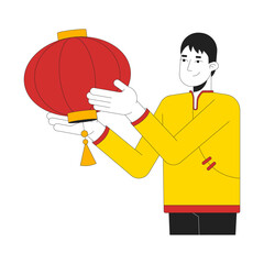 Chinese man hanging paper lantern 2D cartoon character. Traditional tang suit guy decorating for spring festival isolated person flat vector on white background. Spot illustration colorful