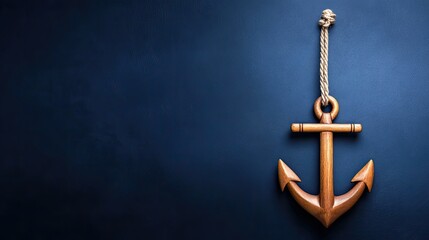 Wooden anchor tied with rope lies on a rich blue background, perfect for conveying nautical vibes while offering space for text